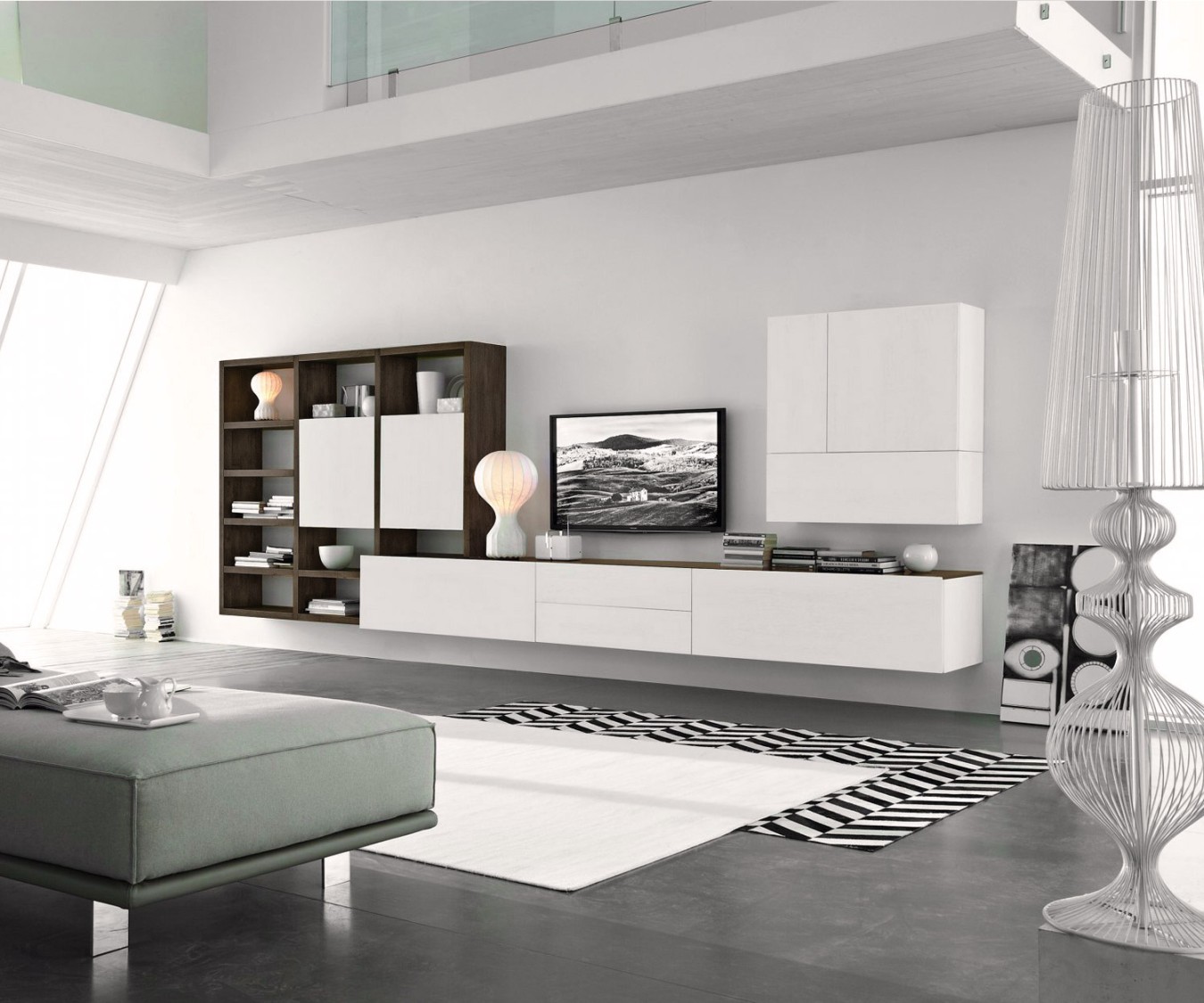 Livitalia Luxus Design Wohnwand CB Eichen Furnier Weiß