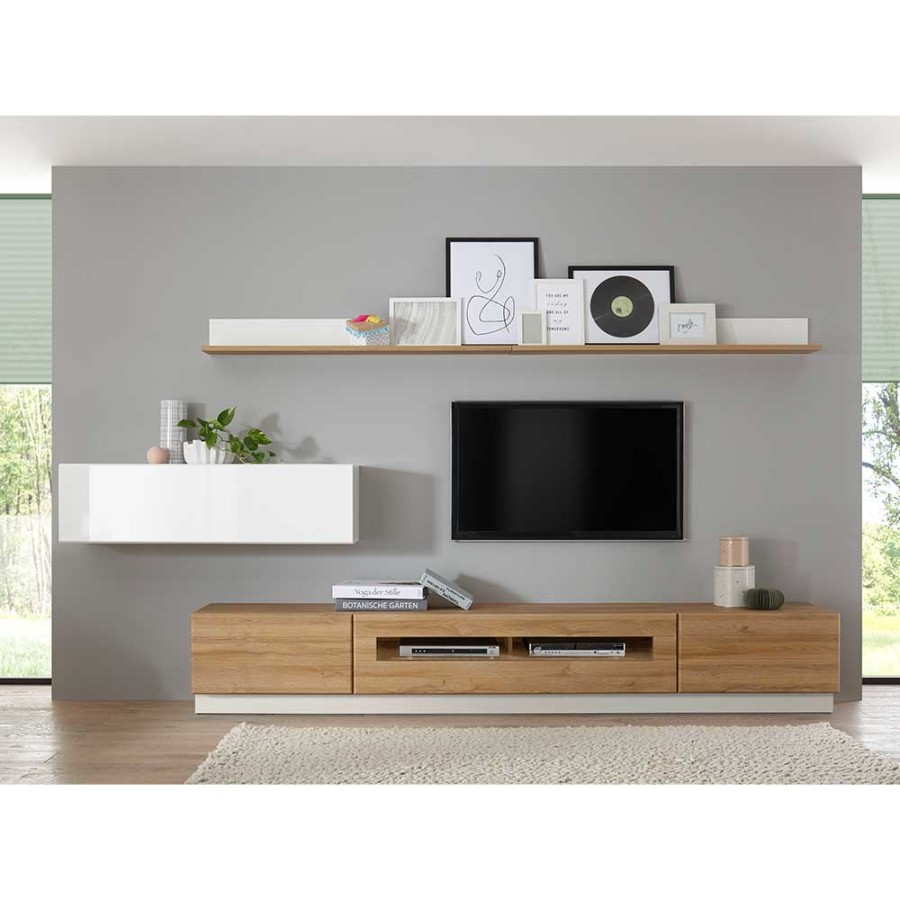 Wohnzimmerwand Möbel Kombination in Wildeiche NB & Weiß HG