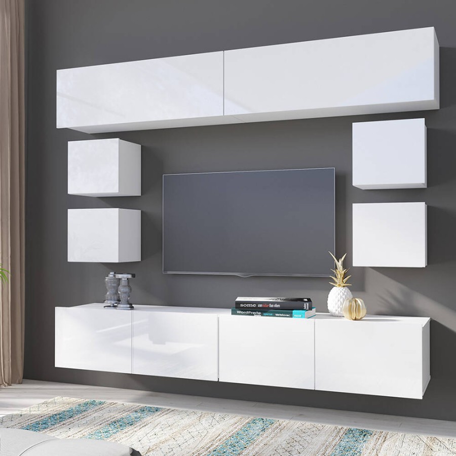 Moderne Wohnwand mit viel Stauraum in weiß Hochglanz CAIRNS-, B/H/T
