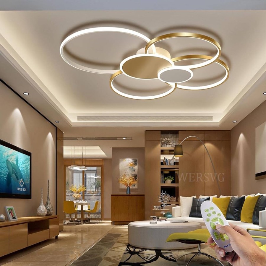 WERSVG Lcm Modern LED Deckenleuchte Wohnzimmer Deckenlampe gold -Ring  Deckenleuchte W 500LM Dimmbar K - 500KMit Fernbedienung flurlampe